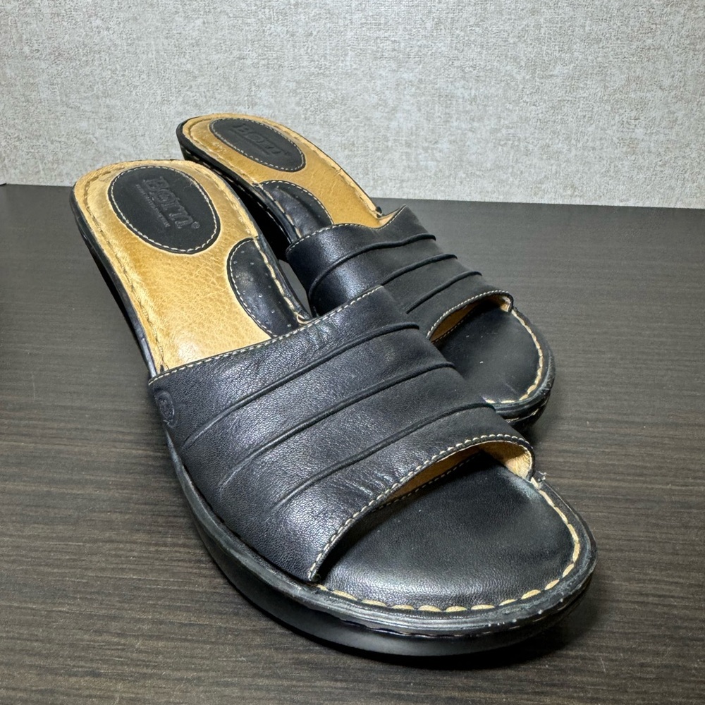Born Black Leather Open Toe Mules Comfy Wedge Heels Size 6 - Picture 3 of 11